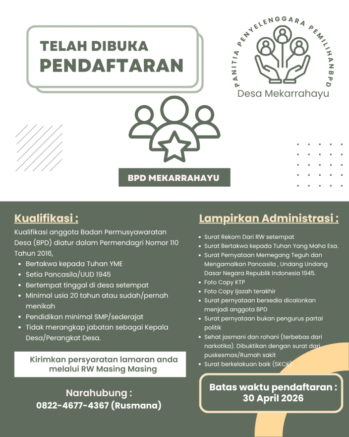 PEMBUKAAN PENDAFTARAN PENGISIAN ANGGOTA BDP DESA MEKARRAHAYU